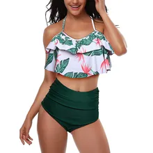 Купальный костюм для женщин, высокая талия, купальный костюм, бандажный купальный костюм, Танкини с рюшами, купальники, женская одежда, одежда для плавания