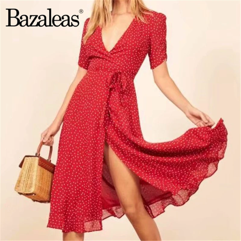 

Bazaleas Retro Red Dot Print summer Dress Deep V Neck Wrap vestidos Vintage sashes women midi dress drop shipping