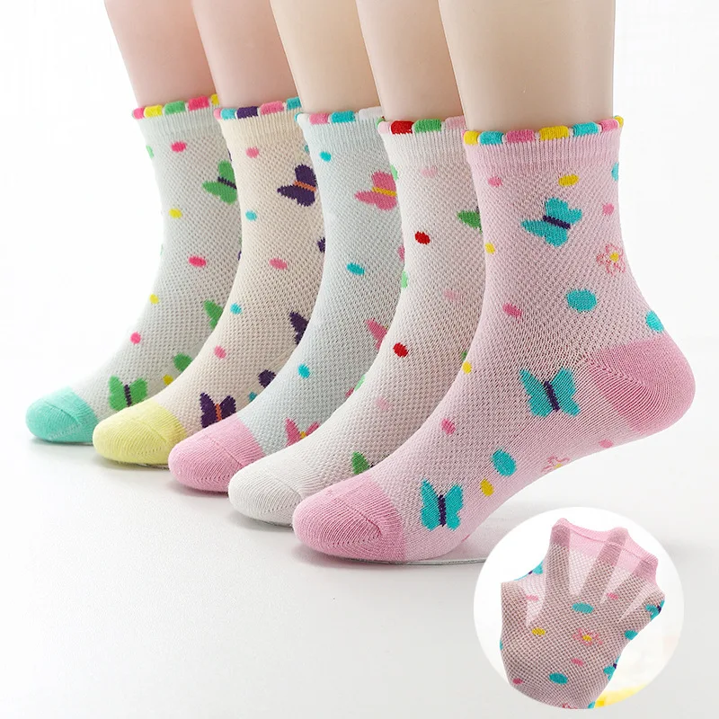 

2019 New Spring Summer 5 Pairs Girls Socks Mesh Cotton Bow Beautiful Wavy Mesh Breathable Socks Kids Socks For Girls 3-12 Year