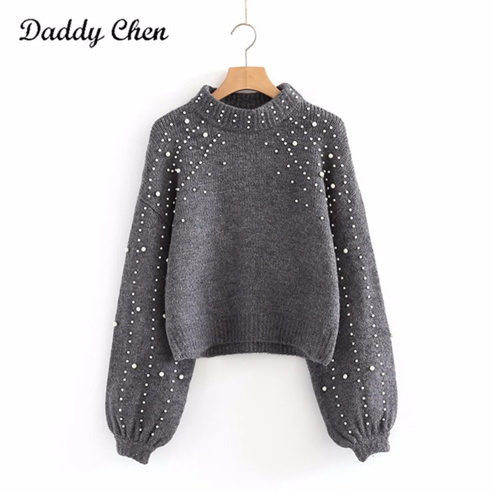 Winter Women Pullover Sweaters Grey Elegant Pearls Beading Knitting Pullover Jumper Long Sleeve Autumn Tight Sweater