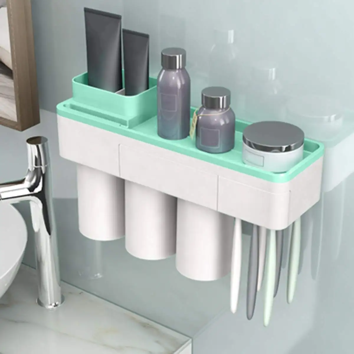 3 цвета Магнитный пластиковый держатель для зубных щеток стеллаж для хранения полки Аксессуары для ванной комнаты Набор 2/3 чашки, дома, отеля, Ванная комната организатор - Цвет: Green 3 Cups