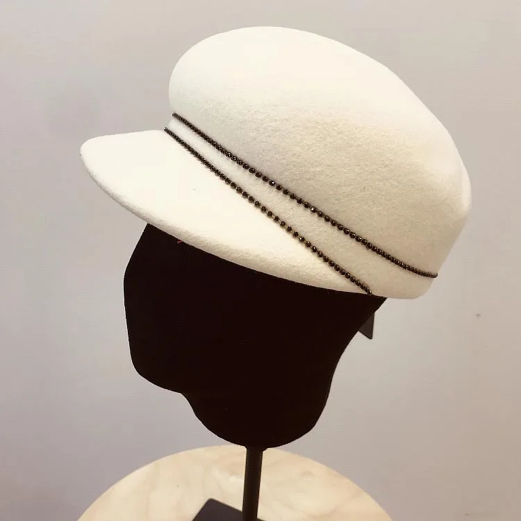 Молодежная Кепка с козырьком Фибоначчи, уникальные шерстяные фетровые шляпы, рыцарские английские шапки для верховой езды, модная женская шапка, осенняя и зимняя фетровая шляпа - Цвет: Белый