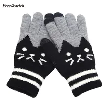Страусиные волшебные перчатки с сенсорным экраном для женщин и мужчин, теплые зимние тянущиеся вязаные варежки с котом, женские вязаные перчатки на весь палец de10