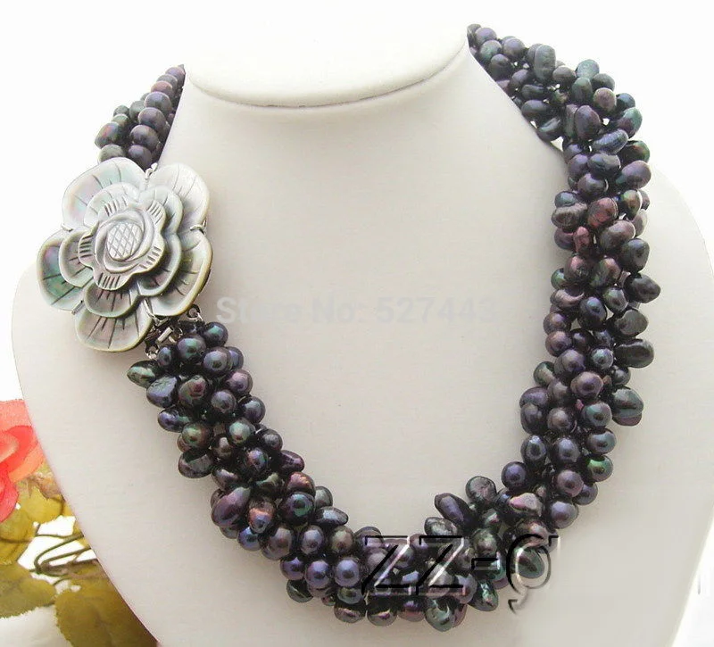

Wholesale fast 5Strds Black Pearl Necklace-Cameo Flower Clasp
