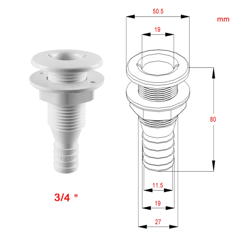 3/4' Plastic Thru-Hull Bilge Pump Drain or Vent Hose Fitting for Boats Provides Trouble-Free Hose Connections
