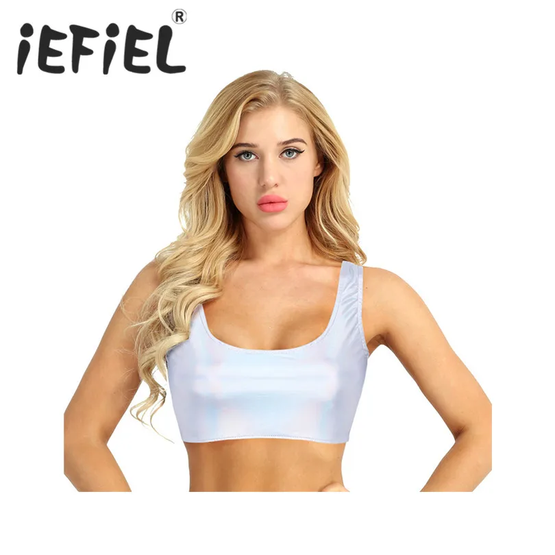 

iEFiEL Fashion Women Summer Shiny Faux Leather Sleeveless Scoop Neck Rave Festival Tank Tops Short Party Crop Tank Vest Tops