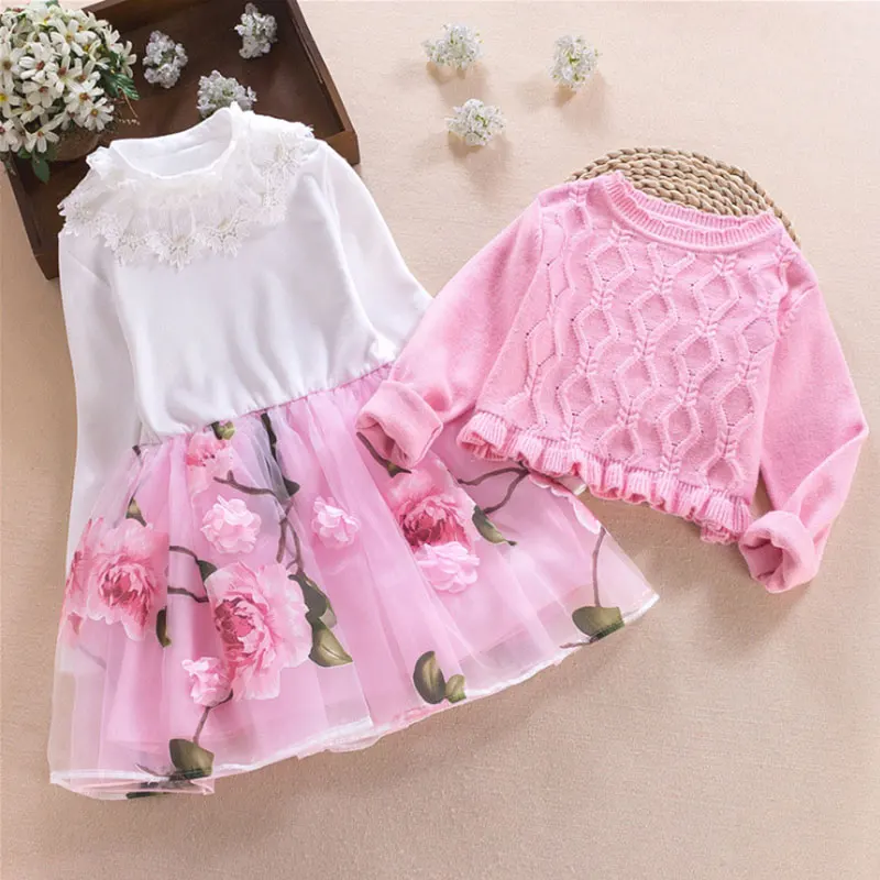 Girls Clothing set Autumn Winter Kids Sweater+Princess Dress 2pcs Suit for girl Party Wedding Dresses Children clothes368 10 11Y