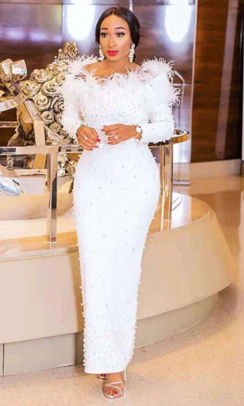 Элегантное Белое Платье макси с бисером для свадебной вечеринки, женское платье с открытыми плечами и длинным рукавом, облегающее платье с перьями, Vestidos