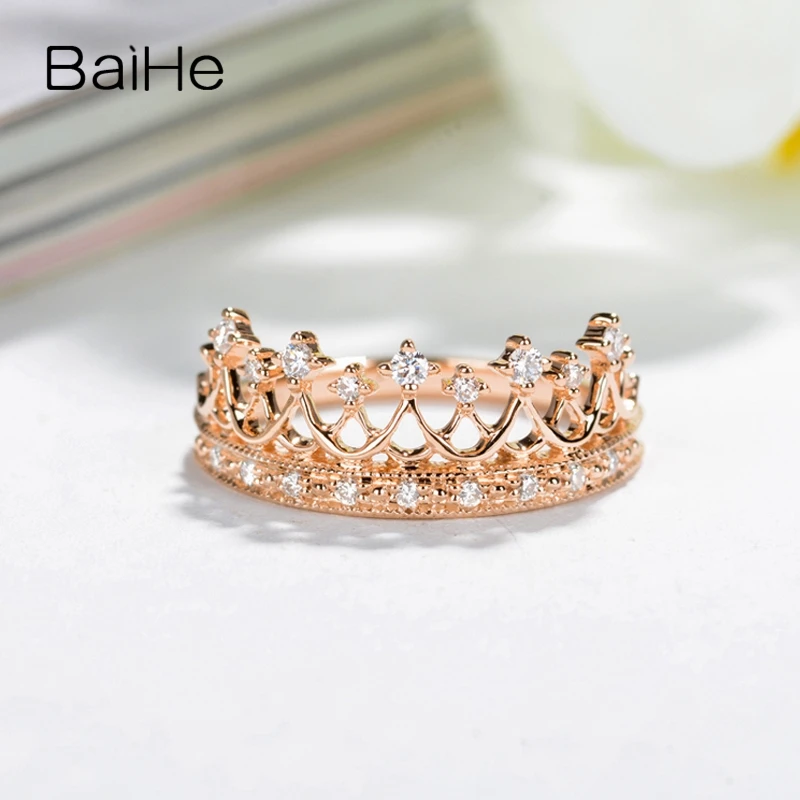 BAIHE Solid 14 к желтое золото всего 0.18ct сертифицировано H/SI круглые натуральные бриллианты обручальное кольцо для женщин модные ювелирные украшения кольцо с короной