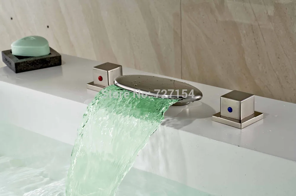 

Free Shipping! Dual Square Handles Bathroom LED Basin Faucet Waterfall Sink Mixer Nickel Brush