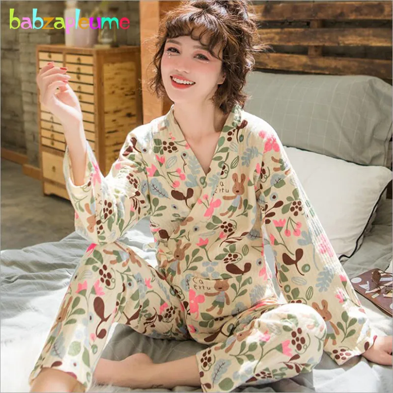

babzapleume Autumn Winter Maternity Suit Breastfeeding Pajamas Fashion V-Neck Cotton Print Nursing Nightgown Sleepwear BC1553-1