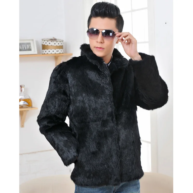 Новое поступление, осенне-зимние меховые пальто для мужчин, черная цельная кожа, натуральный кролик, пальто, верхняя одежда с капюшоном,, g8165 - Цвет: stand collar