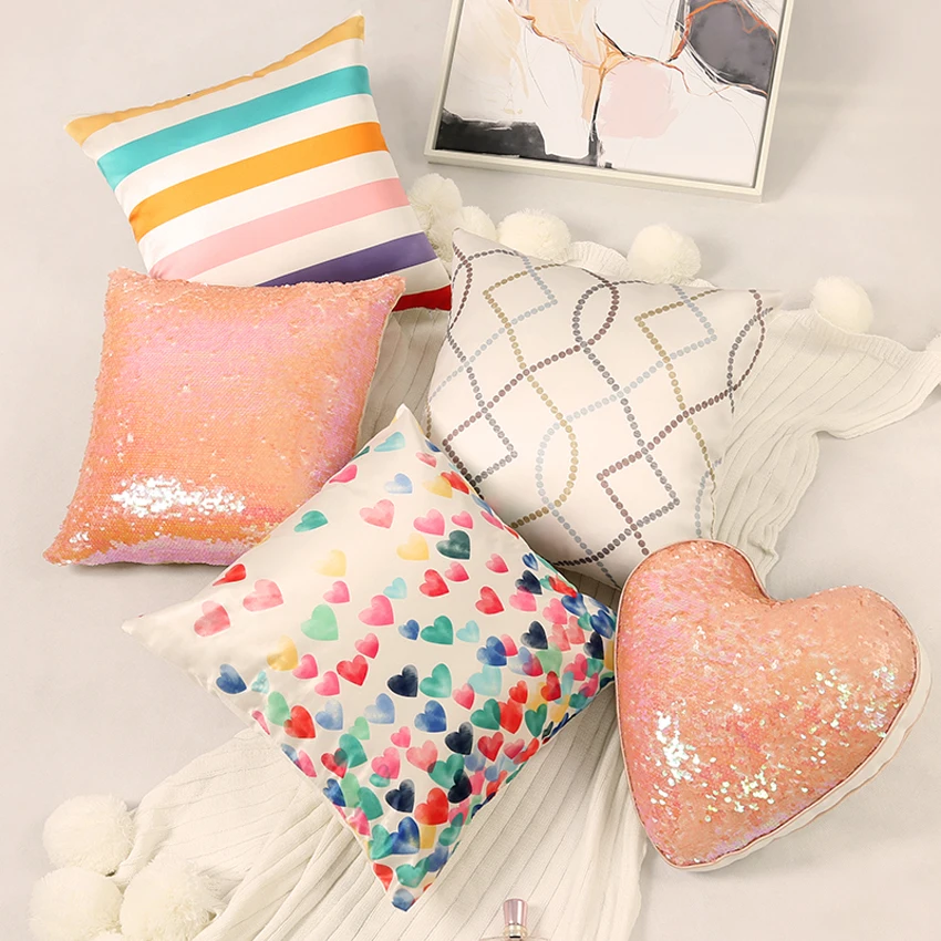 

Nordic Minimalist Decoration heart shape Cushion Pink Sequins Pillow Geometric Sofa Throw Pillow For Creative girlfriend's Gift