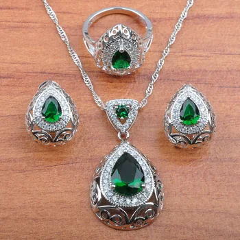 

Silver Plated Dubai Wedding Costume Hollow Water Drop With Natural Stones CZ Green Jewelry Sets For Women Free Gift Box JS213