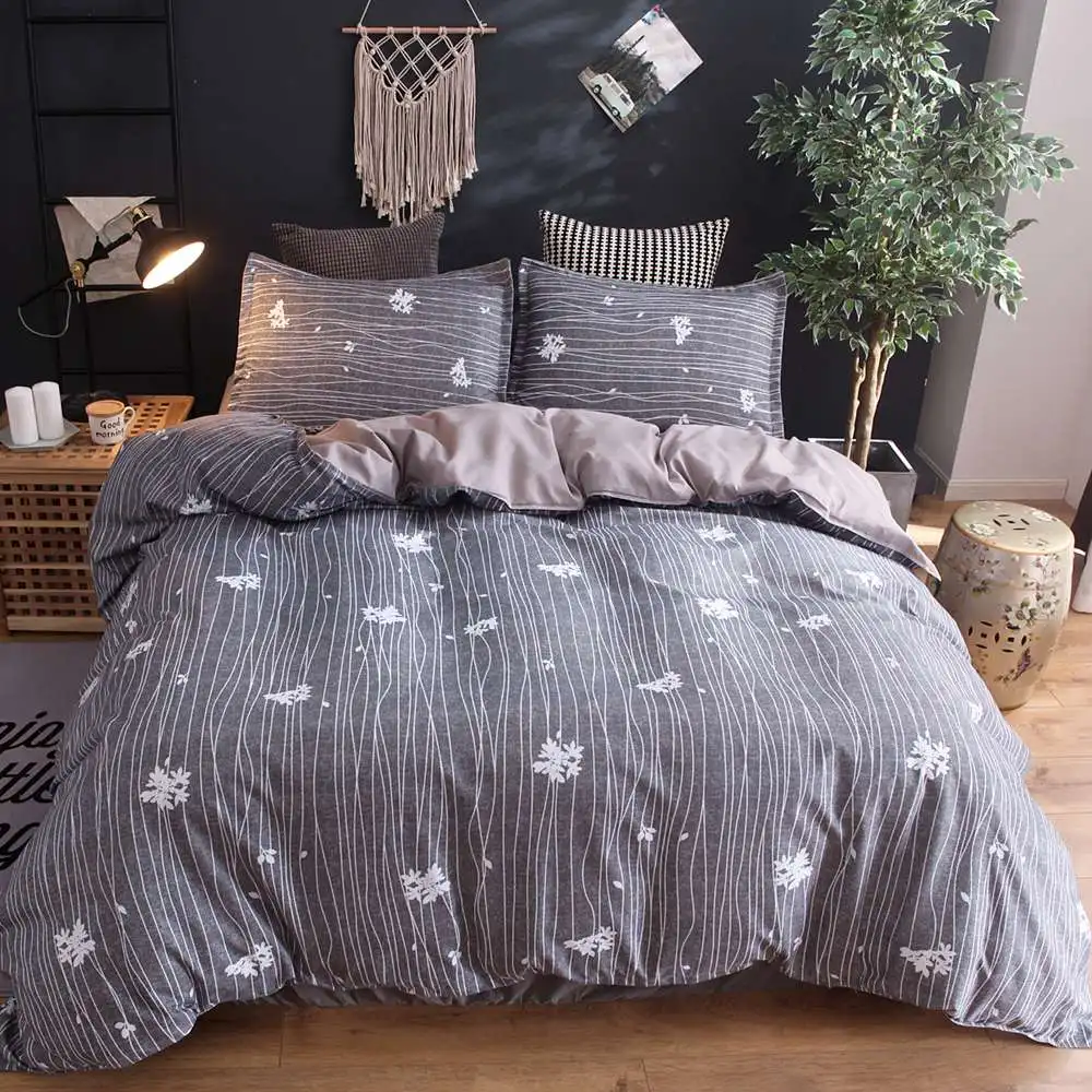 

Home Textile Gray Duvet Cover Set White Floral Flowers Printed on Grey Bedding Sets with Zipper Closure (3 piece, Queen Size)
