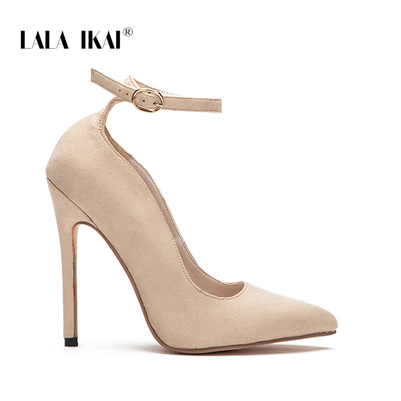 LALA IKAI Women Pointed Toe Flock Pumps Curve Super High 12 CM Party Fashion Buckle Strap Vintage Shoes Ladies Heels 900C1293 -4