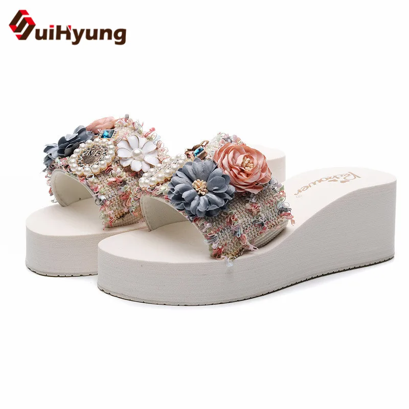 

Suihyung Women Casual Slides Fashion Flowers Outside Wedges Slippers Summer Beach Shoes Flip Flops Woman Beaded Platform Sandals