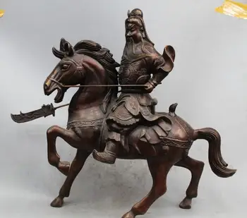 

23" Chinese Copper Dragon Guan Gong Guan Yu Warrior Ride Horse Statue