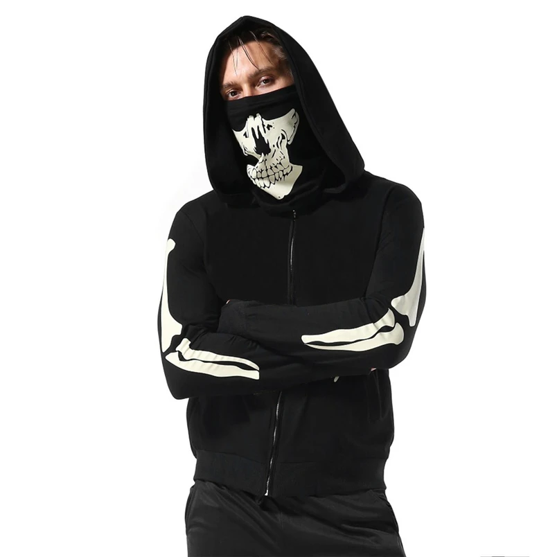 

Mens Pullover Hooded Sweatshirt Mask Skull Print Fashion Long Sleeve Zipper Tops Blouse Male Casual Outwear Sweatshirt F#N26