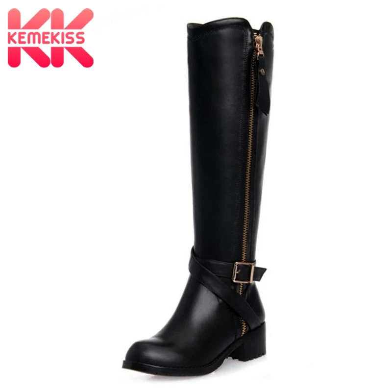 

KemeKiss Genuine Leather Women Knee High Boots Zipper Buckle Winter Square Heel Shoes Warm Fur Round Toe Boots Women Size 33-42