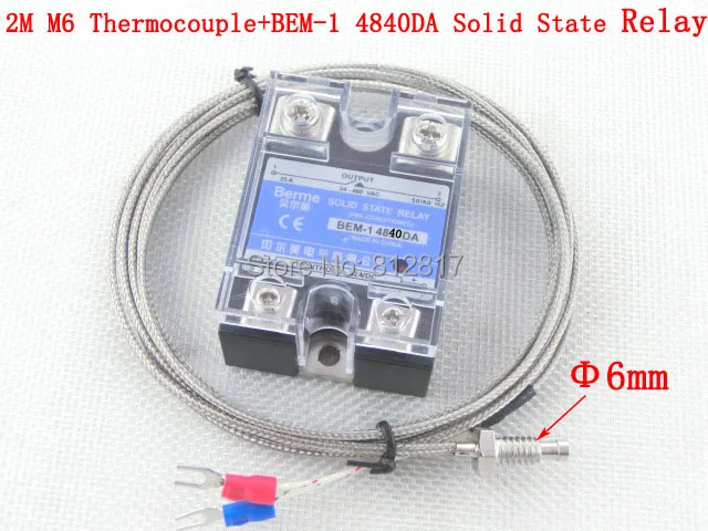

BEM-14840DA DC to AC Solid State Relay 40A 24-480VAC 3-32VDC +2M 6mm Thread K Type Thermocouple for Temperature Controller