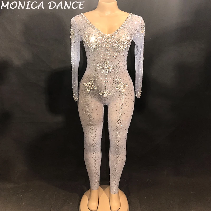 

Women Sexy Net Yarn Jumpsuit Big Glass Sparkling Crystals Bodysuit Nightclub Party Stage Wear Dancer Singer Bling Dance Costumes