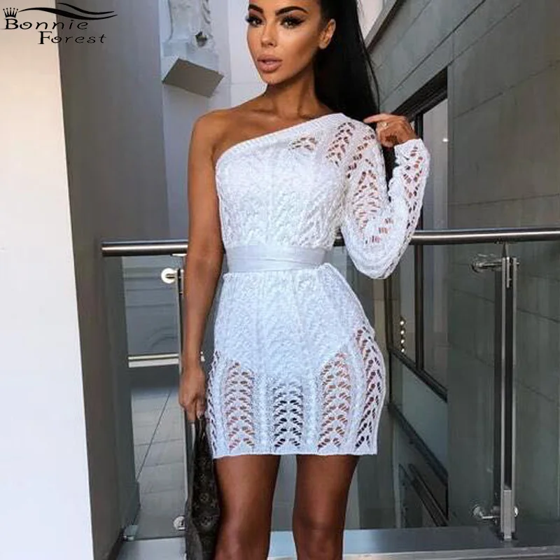 white crochet one shoulder midi dress