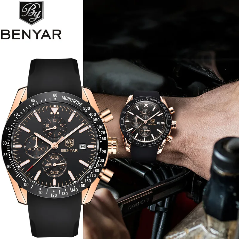 

BENYAR Brand Quartz Waterproof Sport Watch Men Luxury Leather Chronograph Military Business Mens Watches relogio masculino+gift