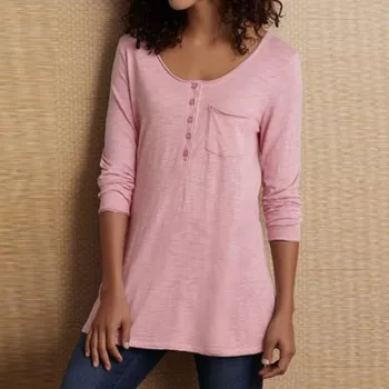 

blusas dama Fashion Women Casual Solid Color women's blouse shirts autumn long sleeve O-Neck Button Pocket ladies top Blouse