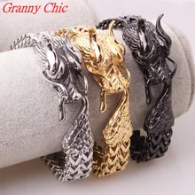 Granny Chic Cool Titanium stainless steel jewelry Casting Classic fashion Men’s Dragon Clasp Silver Gold Black Biker Bracelet