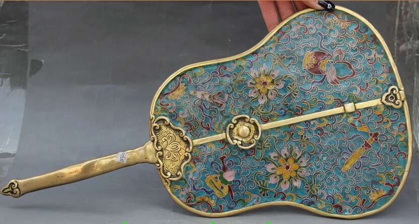 

Chinese Cloisonne Enamel Bronze Gilt Beautiful Flowers fanned Handle Palace Fan S0705