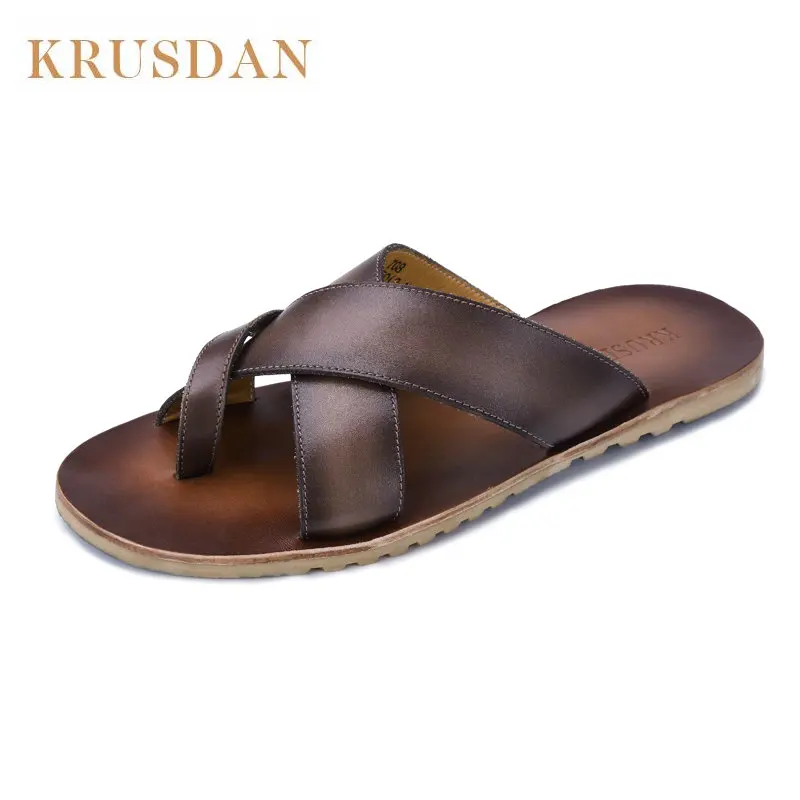 

2018 Summer Men's Genuine Leather Flip Flops Flat Sandals Shoes For men Beach Sandals Natural Leather Shoes Man Flip Flops T08