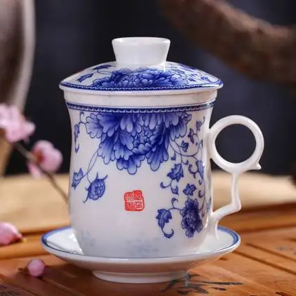 Керамическая чашка с фильтром, чашка с крышкой для офиса, чашка для чая и воды, домашняя голубая и белая фарфоровая чашка - Цвет: 20