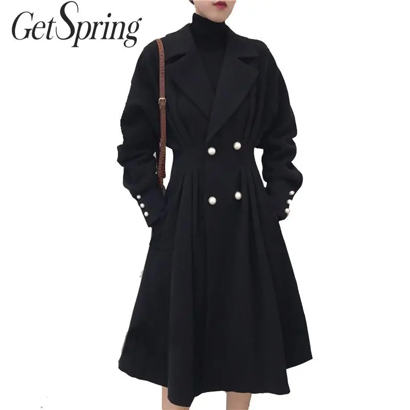 

GETSPRING Women Coat Women Trench Coats Black Plus Size Long Trench Coats Long Sleeves High Waist Vintage Women Casual Trench