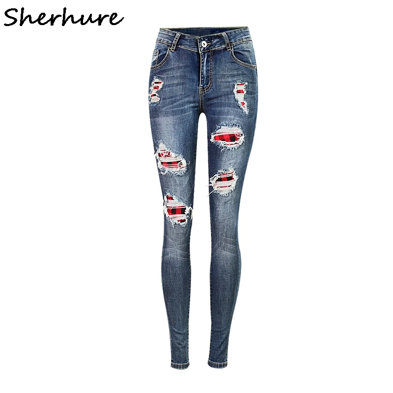 Popular Womens Red Skinny Jeans-Buy Cheap Womens Red Skinny Jeans Sherhure 2017 Red Plaid Patchwork American Apparel Women Skinny Jeans Mid Waist Ripped Women Jeans Denim - Popular Womens Red Skinny Jeans-Buy Cheap Womens Red Skinny Jeans