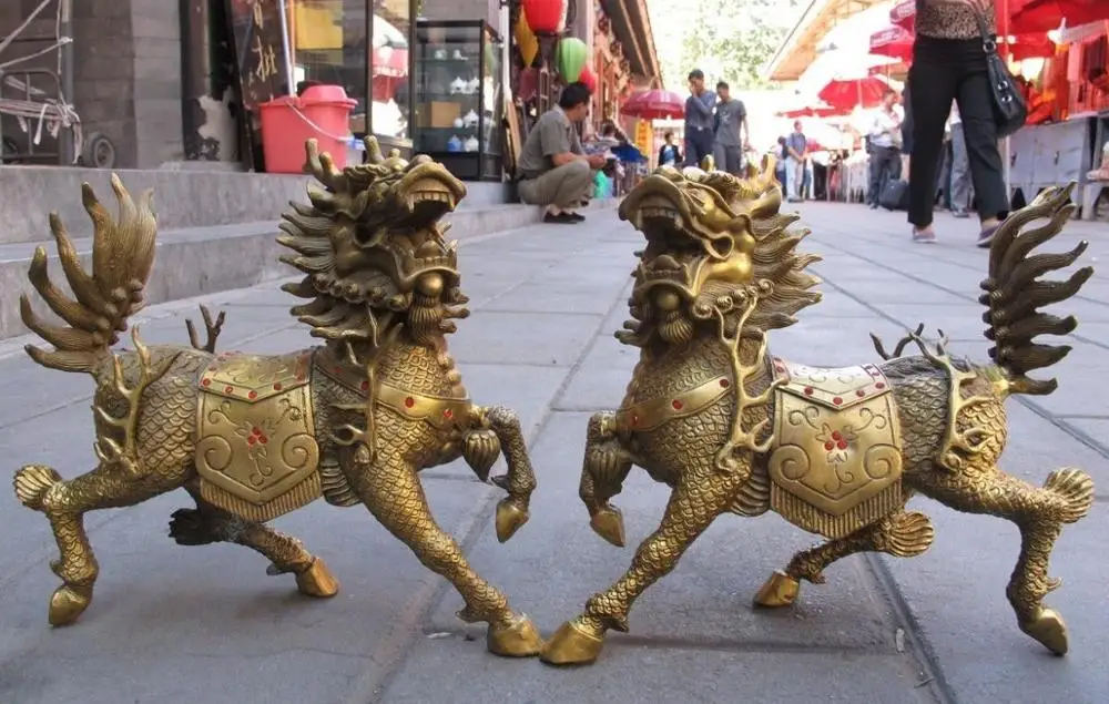 

Chinese craftwork Pure Brass Feng Shui Guardian Evil Fu FOO Dog Lion kylin Pair