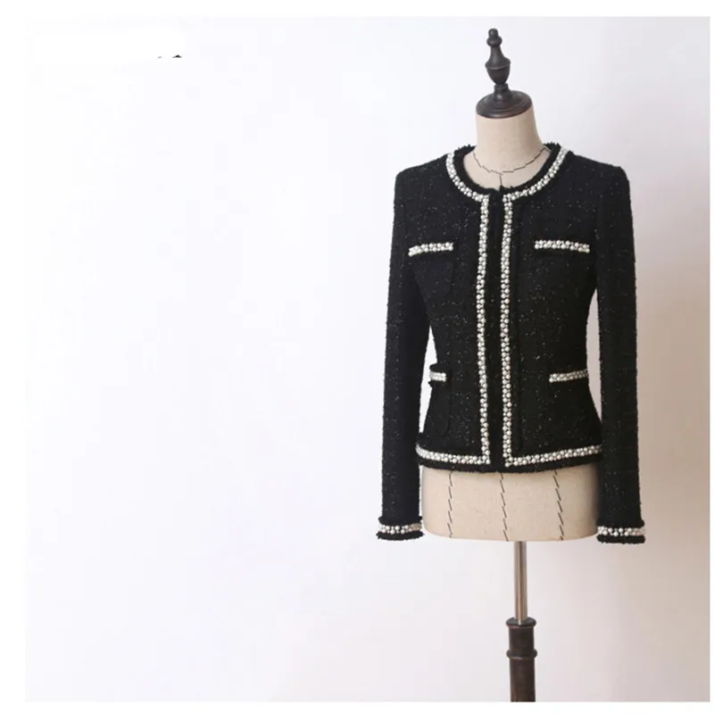 

Handmade 2019 Runway Designer Luxury Fashion Tweed Blazer Suits O Neck Black Blazers Front Pockets With Pearls