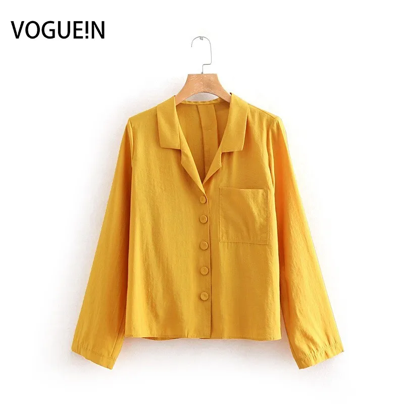 VOGUEIN New Womens Casual Solid Yellow Long Sleeve One Pocket Blouse