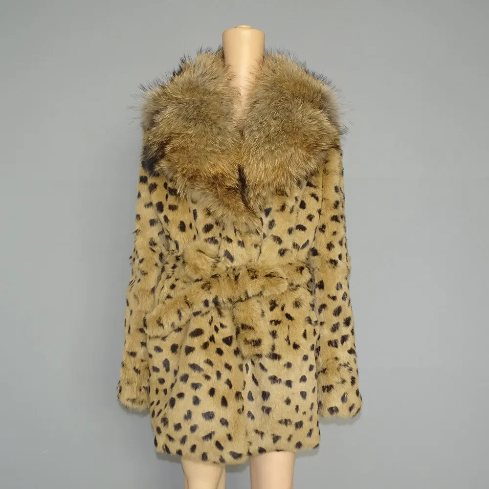 

real fur New fur Coat for Women in 2019 Raccoon collar Rabbit Fur Leopard Print Extremely warm in winter 34