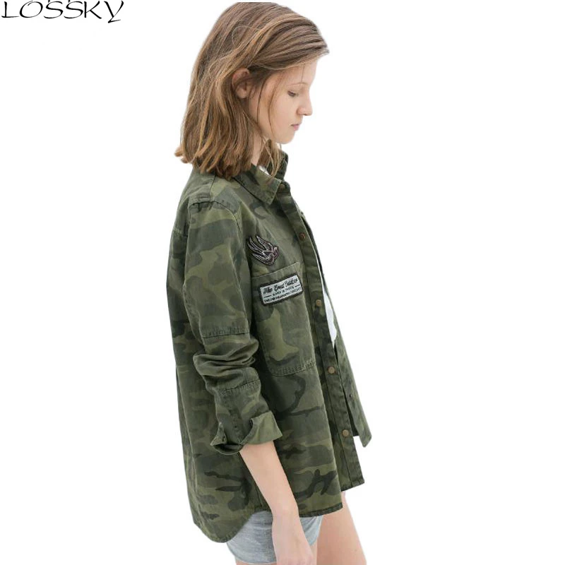 

Ms. GCAROL new camouflage shirt asymmetrical long-sleeved jacket military blouse casual shirt2019