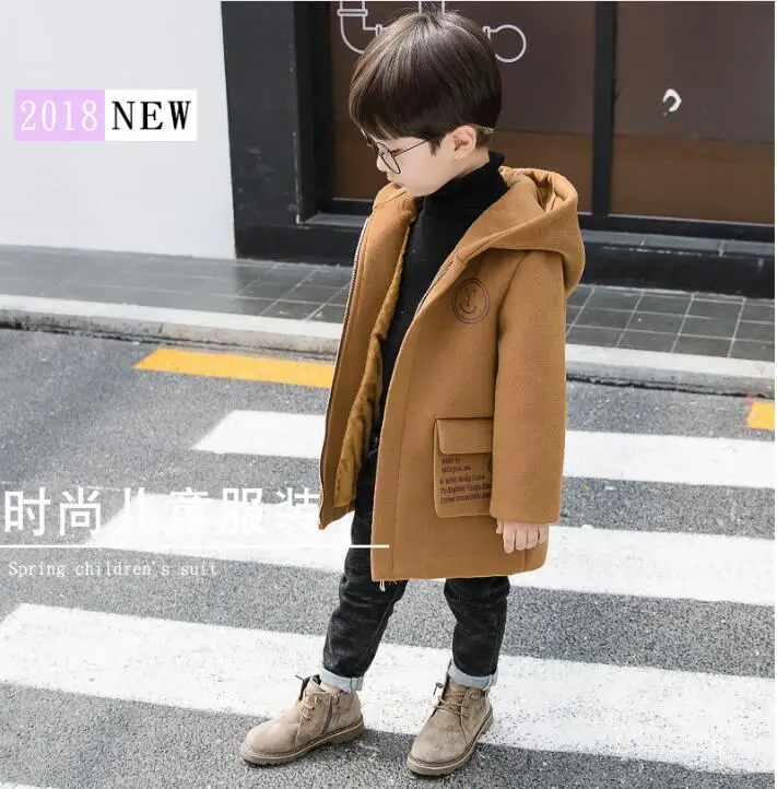 Шерстяное пальто для мальчиков детская одежда топы, верхняя одежда для мальчиков-подростков на осень-зиму шерстяное пальто детское пальто куртка с капюшоном детские пальто