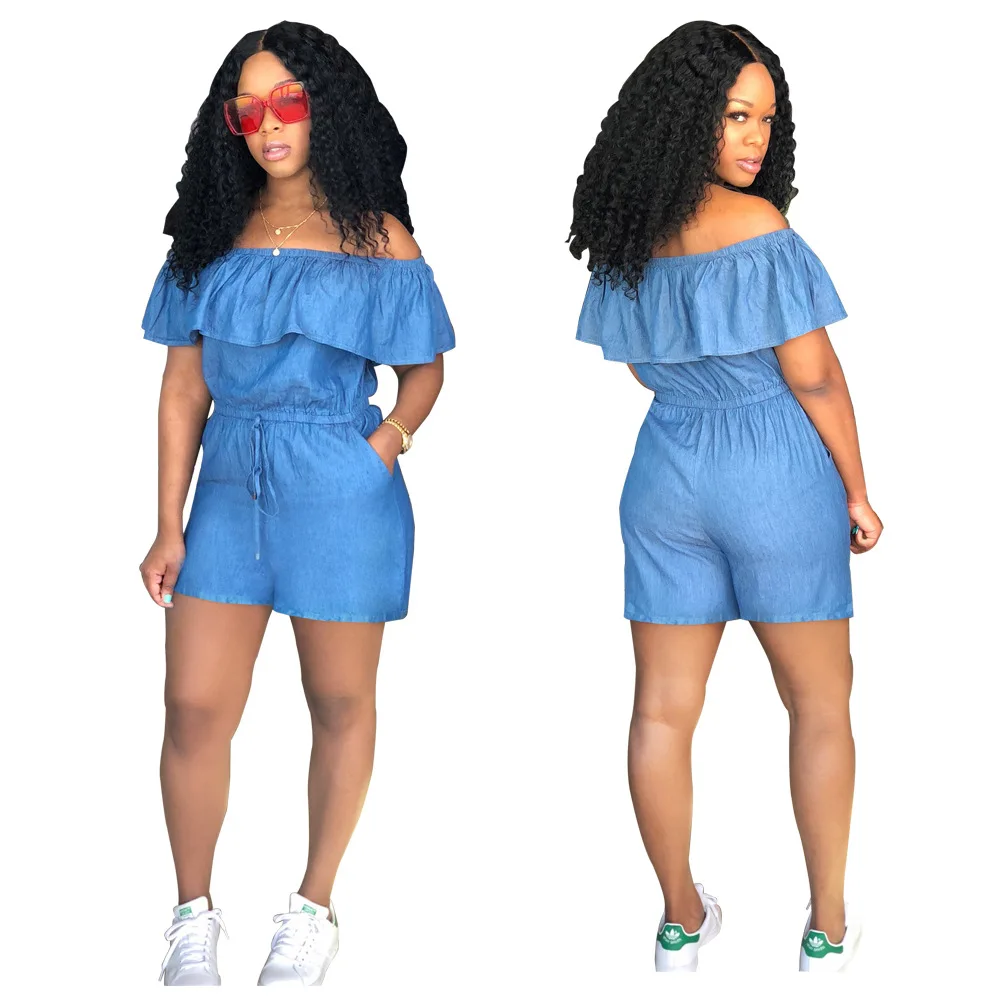 Overalls Shorts Jumpsuit 2018 Summer Fashion Casual Jumpsuits Jeans Slash Neck Ruffles Women Jumpsuit Denim Rompers Girls Female
