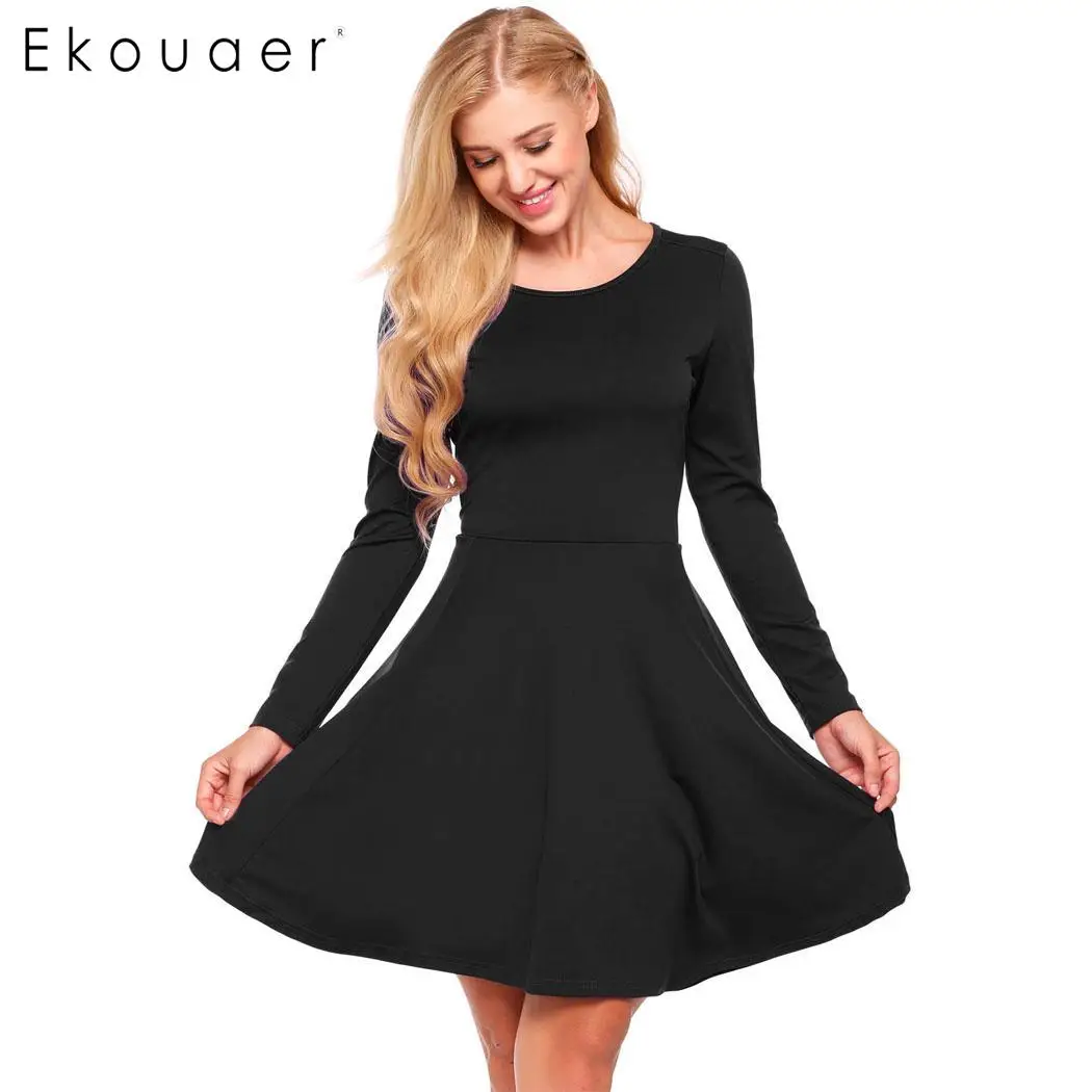 

Ekouaer Women Casual Dress Long Sleeve Key Hole Solid O Neck Pleated A-Line Sundress Vestidos Femme