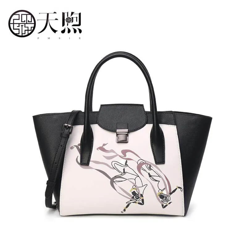 

Pmsix 2019 New women Leather bags famous brand women Leather handbags fashion Black and white tote women leather Shoulder bag