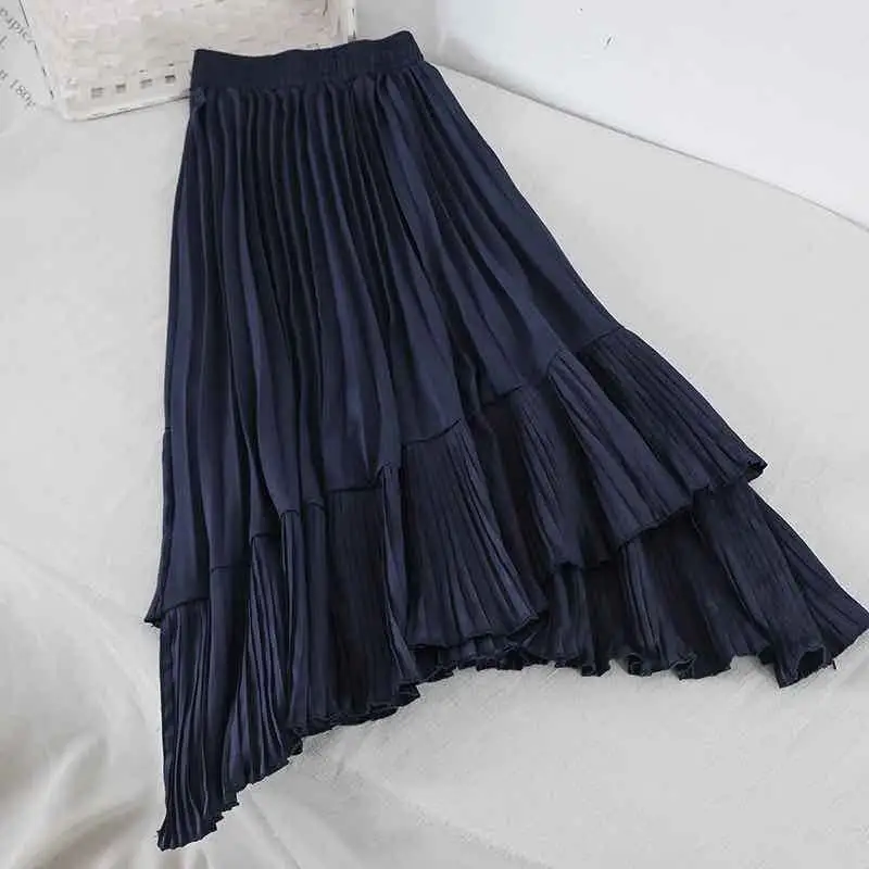 

women vintage midi skirt 2019 female autumn spring Spain style chic design long black blue white asymmetric pleated skirt