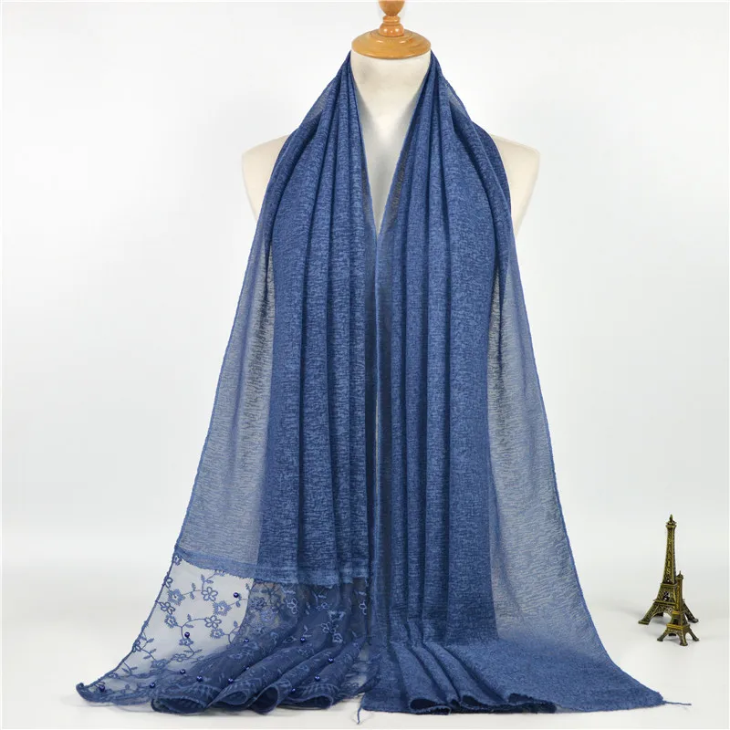

New Lace Floral Edges Muslim Scarf Plain Embroidery Women Hijabs Pearl Decor Long Shawl Wrap Islam Turban Headscarf 190x80cm