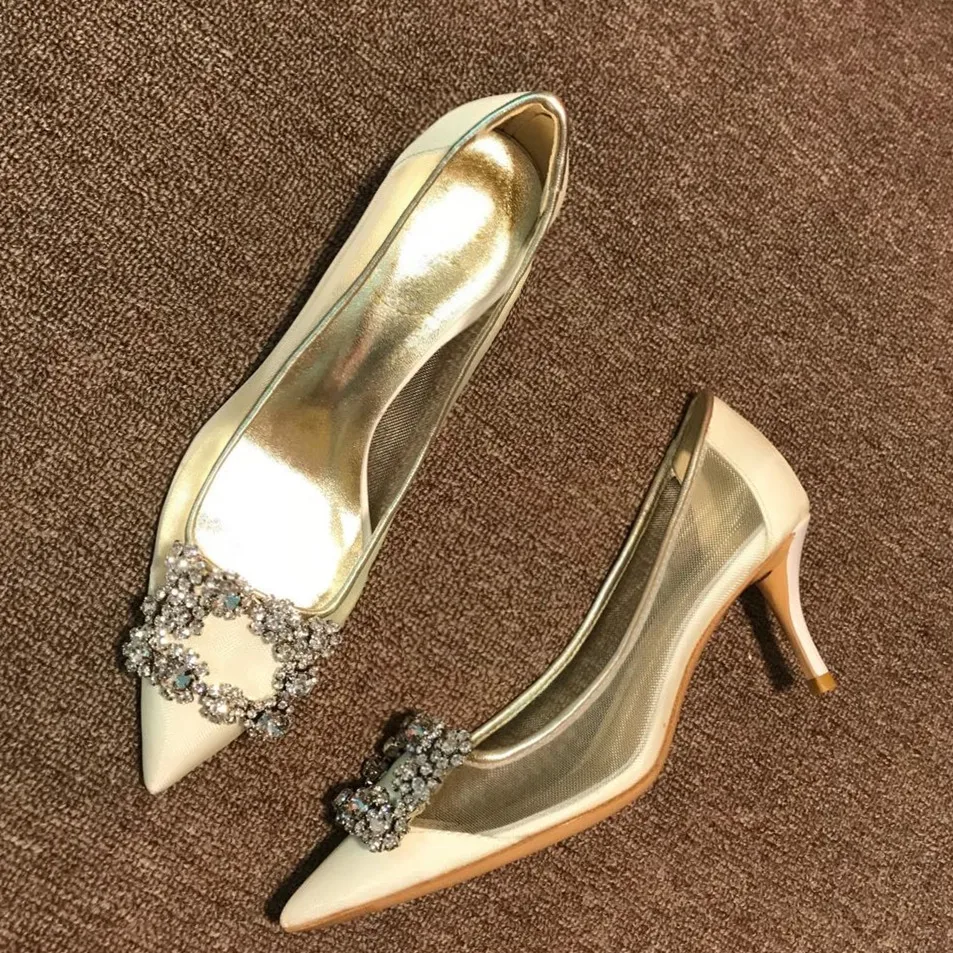 

2018 Hot Spring Summer Woman Pumps Mesh Pointed Toe Crystal Buckle Shallow Pumps Design High Heels Wedding Party Woman Pumps