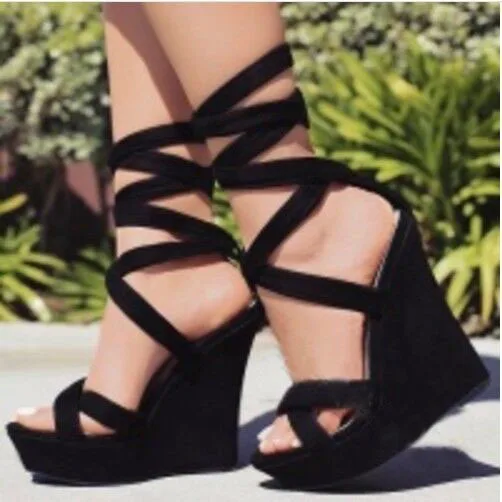 

Cross-Strap Lace-Up Open Toe Platform Wedges Women Sandals Super High Gladiator Ladies Shoes Solid Narrow Band Summer Sandals