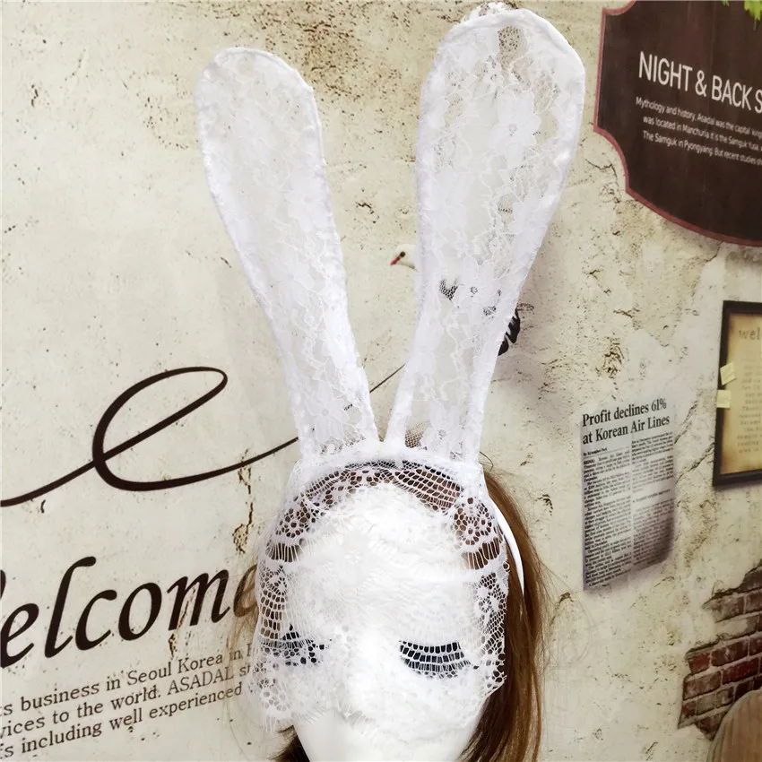 Модная Милая Кружевная повязка на голову с кошачьими ушками Rebbit, кружевная маска для праздника, вечеринки, танцев, аксессуары для волос, Женская повязка на голову на Хэллоуин - Цвет: White L Rabbit
