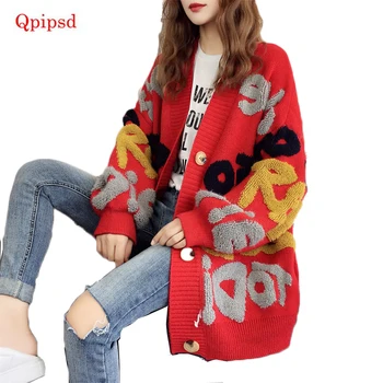 

2020 New Korean Embroidery Colorblock Knitwear Coats Lazy Wind Sweaters Cardigan Women's Autumn And Winter Student Loose Jackets